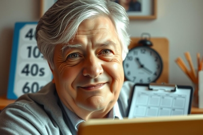 In the image, an older gentleman with gray hair is looking at the camera. His eyebrows are slightly furrowed, and he appears focused or confused. The setting is office-like, as evidenced by his desk littered with papers, a clock, and various stationery items.