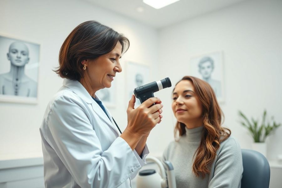 An optometrist examines a patient’s eyes in a bright, modern clinic. The doctor uses an ophthalmoscope during the eye exam. The scene features portraits on the wall and a clean, white interior, highlighting healthcare and vision care services.