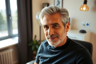 Man with graying hair and beard sits in a modern room with natural light. He's wearing a dark blue shirt, creating a relaxed and casual atmosphere. The image features a minimalist interior design with plants and a warm color palette.