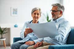 Senior doctor and patient reviewing medical documents at home. Healthcare consultation, discussing results, and care. Warm, inviting interior with blue accents. Focus on elderly care and health services.