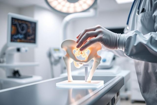 Doctor in surgical gloves examining a detailed pelvic bone model in a bright, modern medical setting. The image showcases orthopedic education, anatomy study, and healthcare diagnostics with a focus on bone structure and surgical planning. White and neutral tones dominate the scene.
