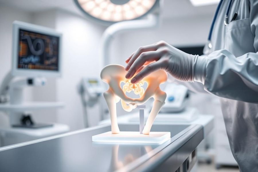 Doctor in surgical gloves examining a detailed pelvic bone model in a bright, modern medical setting. The image showcases orthopedic education, anatomy study, and healthcare diagnostics with a focus on bone structure and surgical planning. White and neutral tones dominate the scene.