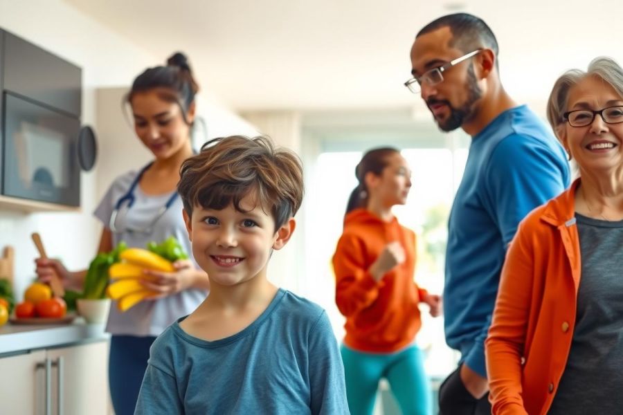 A multigenerational family enjoys time together in a bright kitchen. A young boy smiles while holding bananas, surrounded by parents and grandparents. The scene conveys warmth and connection.