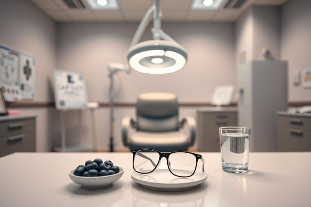 Medical exam room setting with glasses, water, and blueberries on a table. Bright overhead light illuminates a clean, modern interior. Focus on eye care and health concepts.