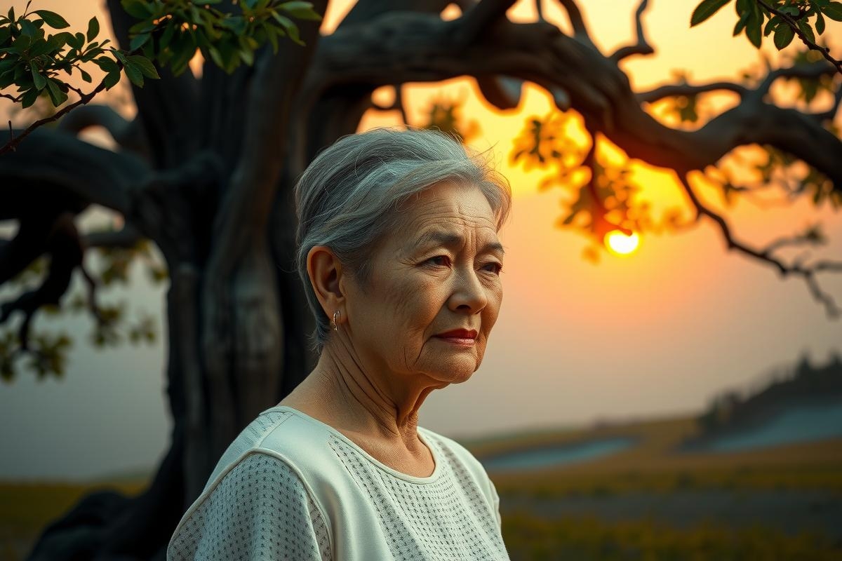 The image shows an elderly woman with a serious expression, looking towards the viewer. She is standing in front of a tree that seems to be losing its leaves.