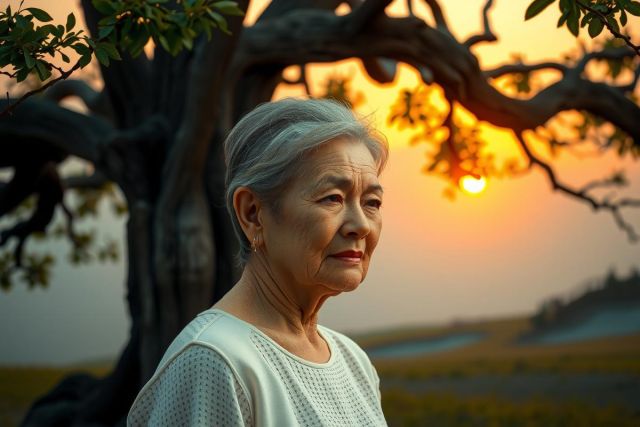 The image shows an elderly woman with a serious expression, looking towards the viewer. She is standing in front of a tree that seems to be losing its leaves.