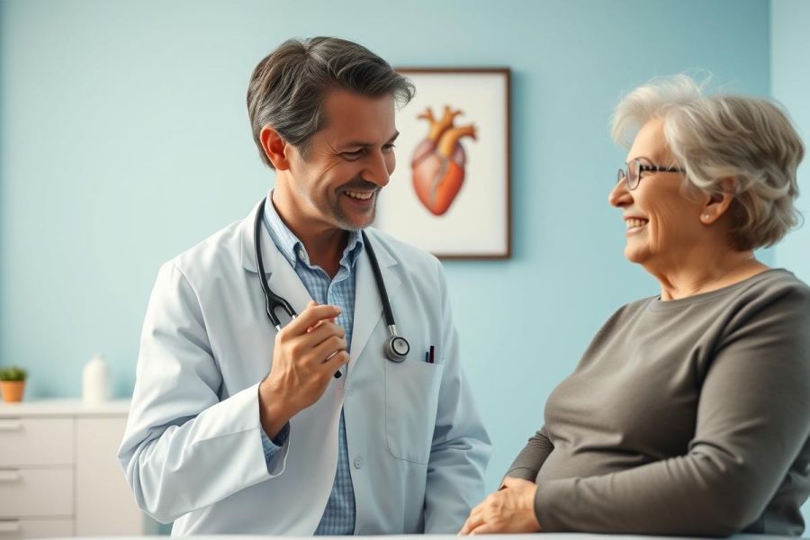 Doctor consults with a senior patient in a bright, modern clinic. The image features a smiling male doctor wearing a stethoscope and a happy elderly woman. A heart illustration hangs on the light blue wall, suggesting a focus on cardiology or healthcare. Positive and reassuring medical consultation scene.