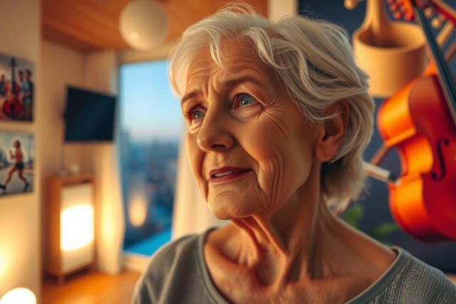 An elderly woman with grey hair ana is seated in a room, looking out of the window. She appears to be observing something outside. The room has a modern design with a couch, lamps, and a flat screen TV visible.