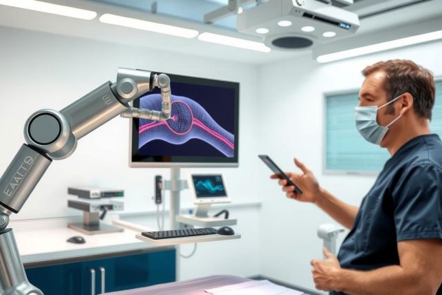 Doctor examining medical scan on a computer screen in a modern clinic. He's wearing a surgical gown and mask, focused on the image. The room features blue cabinets and a clean, professional environment. Medical technology and healthcare focus.