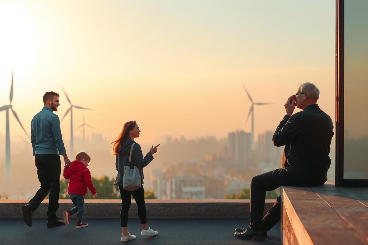 A man sitting on a ledge with a family, all of whom are facing the cityscape. The sky is hazy and orange, suggesting it's sunset. The man is wearing glasses and a black jacket, while the woman beside him has dark hair and is holding her hand up as if talking or gesturing. A child in a red shirt walks by on the sidewalk near them. Several wind turbines can be seen in the distance against the skyline. The colors in the photo are predominantly orange and blue. The city's lights begin to twinkle at dusk, adding depth to the scene.