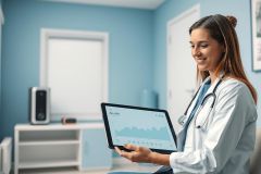 A smiling female doctor in a white coat and stethoscope examines data on a tablet in a bright, modern blue medical office. Focus on healthcare technology, patient data analysis, and professional medical setting.