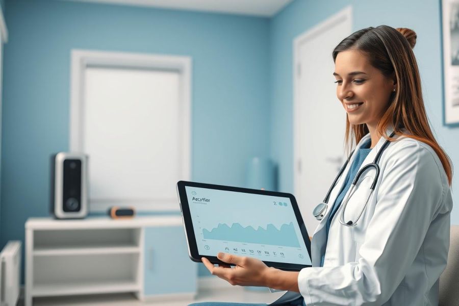 A smiling female doctor in a white coat and stethoscope examines data on a tablet in a bright, modern blue medical office. Focus on healthcare technology, patient data analysis, and professional medical setting.