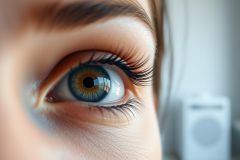 Close-up of a striking heterochromia eye with blue and yellow irises, framed by long dark eyelashes and a defined eyebrow. Soft, natural lighting highlights the eye's detail against a blurred white background. Beauty, eyes, heterochromia, lashes, portrait.
