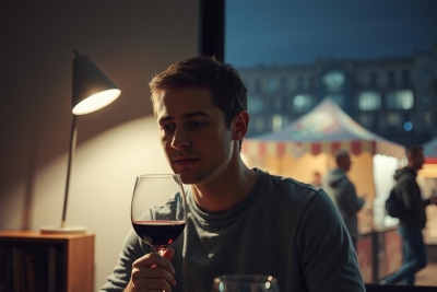 A young man is seated at a dining table indoors. He appears to be in a contemplative mood, holding up a glass of red wine. The room has a cozy ambiance with soft lighting from a lamp on the table and another visible in the background.