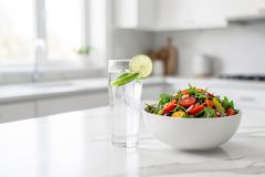 Healthy meal featuring a vibrant vegetable salad in a white bowl and a refreshing glass of lime-infused sparkling water. Set on a white marble kitchen counter in a bright, modern setting, this image highlights fresh ingredients and wellness.