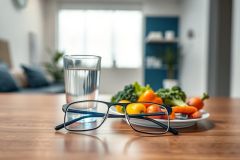 Healthy lifestyle concept: fresh vegetables (broccoli, carrots, peppers) on a plate, a glass of water, and eyeglasses on a wooden table. Bright, natural light and a modern interior background suggest wellness and mindful eating.