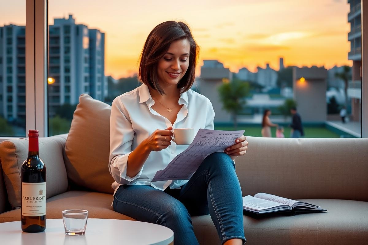 In the image, a woman is seated on a gray couch in what appears to be an upscale residential setting. She's engaged in reading or signing papers that are laid out in front of her on the table beside her. The ambiance suggests a relaxed and comfortable environment, possibly indicating a professional task being completed within the comfort of home. There is a bottle of wine and one glass on the coffee table in front of the couch, suggesting an atmosphere of leisure or work-life balance.