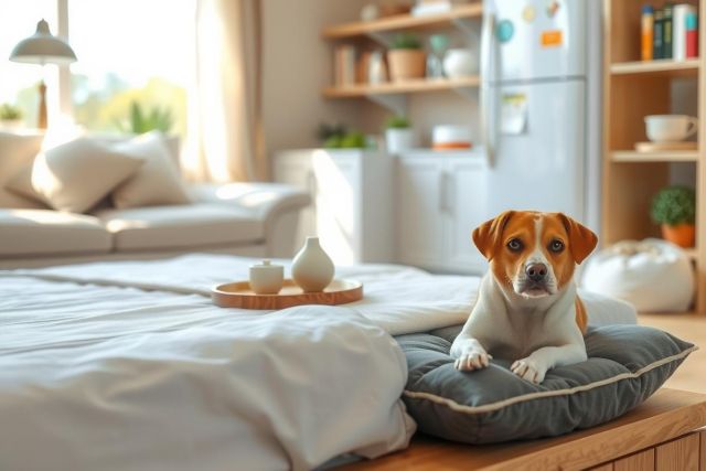 The image features a cute beagle sitting on an ottoman, inside a modern living room setting. The dog is wearing a colorful collar with a leash attached to it. The environment includes a large window allowing natural light into the space and various pieces of furniture including a comfortable-looking sofa and a wooden side table. There are no visible texts in the image.