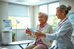 A healthcare professional consults with an elderly patient in a clinic setting. The scene features a warm color palette, showcasing a caring and professional atmosphere.