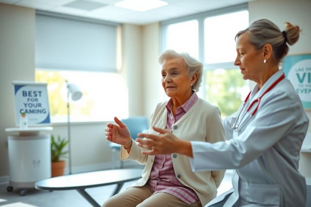 A healthcare professional consults with an elderly patient in a clinic setting. The scene features a warm color palette, showcasing a caring and professional atmosphere.