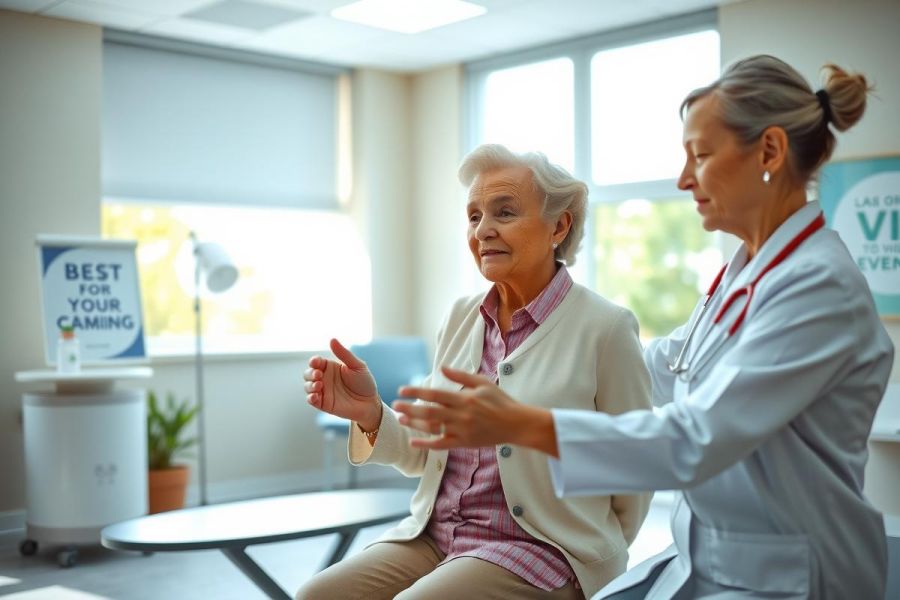 A healthcare professional consults with an elderly patient in a clinic setting. The scene features a warm color palette, showcasing a caring and professional atmosphere.