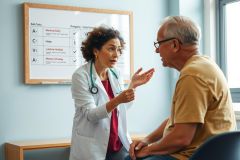 Doctor consulting with a patient in a medical office. The doctor wears a white coat and stethoscope, while the patient sits comfortably. Focus on healthcare consultation and patient care.