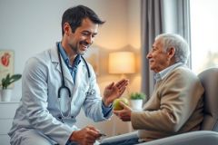 A doctor interacts with an elderly patient in a comfortable home setting. The doctor, wearing a white coat and stethoscope, is smiling and engaged in conversation. Warm lighting and a home environment create a sense of care and wellbeing.