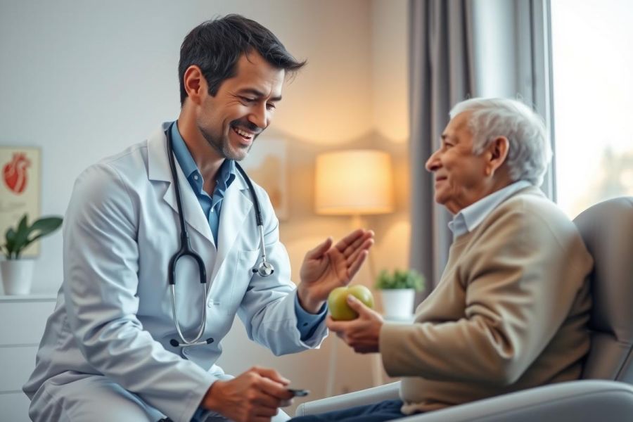 A doctor interacts with an elderly patient in a comfortable home setting. The doctor, wearing a white coat and stethoscope, is smiling and engaged in conversation. Warm lighting and a home environment create a sense of care and wellbeing.