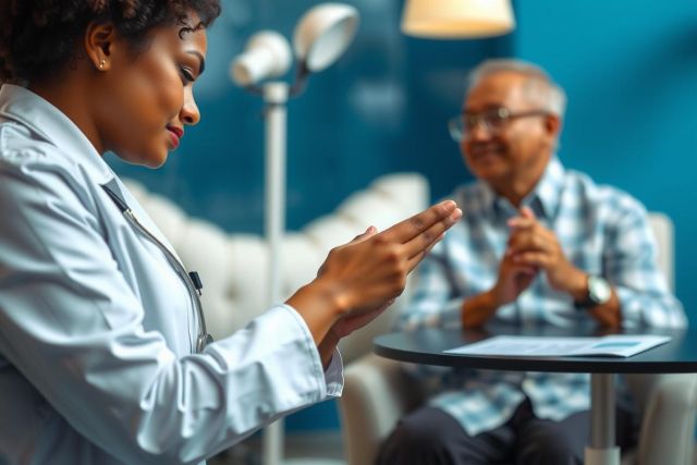 Doctor consulting with a patient in a modern office. The scene shows a professional medical setting with a focus on patient care and communication.