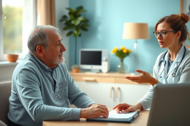 A doctor consults with a patient in a warmly lit home setting. The scene includes a notebook, tablet, and comfortable furnishings, creating a caring and accessible atmosphere.