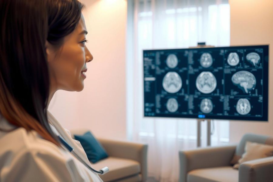 Doctor examines medical scans on a screen in a clinic. Healthcare professional reviews patient's MRI results. Modern office setting, white coat, focus on diagnostics and patient care.