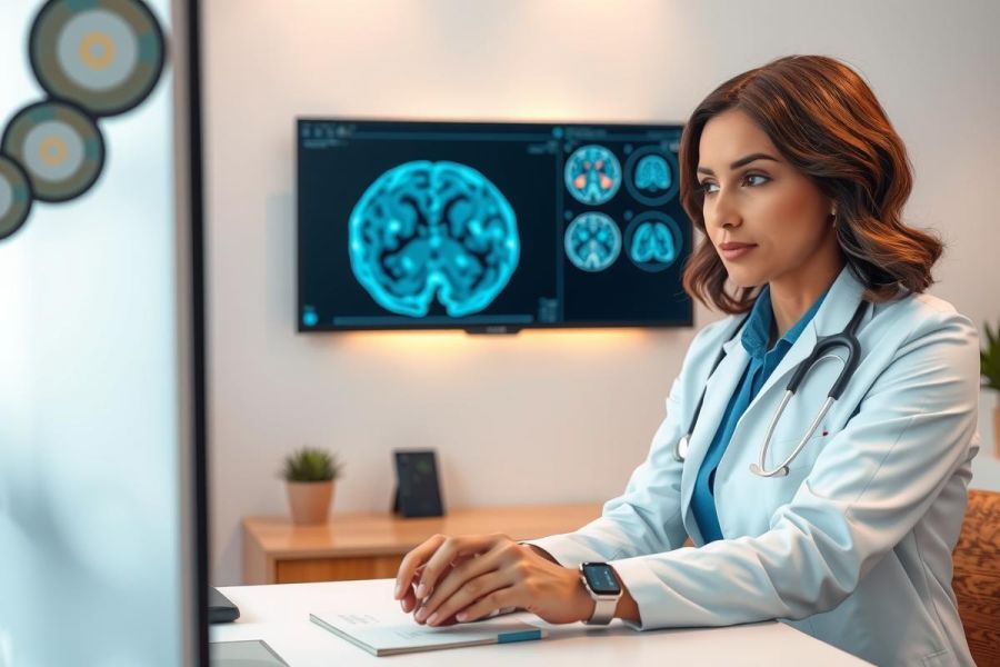Female doctor examines brain scan in a modern office. She wears a white coat and appears to be analyzing medical imaging data. The setting suggests a healthcare or diagnostic environment.