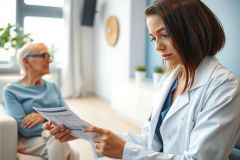 A healthcare professional, likely a doctor, examines a document while speaking with a patient in a brightly lit clinic or office setting. The scene conveys a medical consultation or review of patient records. Soft colors and a focus on interaction are evident.