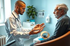 Doctor examines elderly patient during consultation. Healthcare professional interacts with senior man in a brightly lit clinic setting. Focus on patient care and medical check-up.