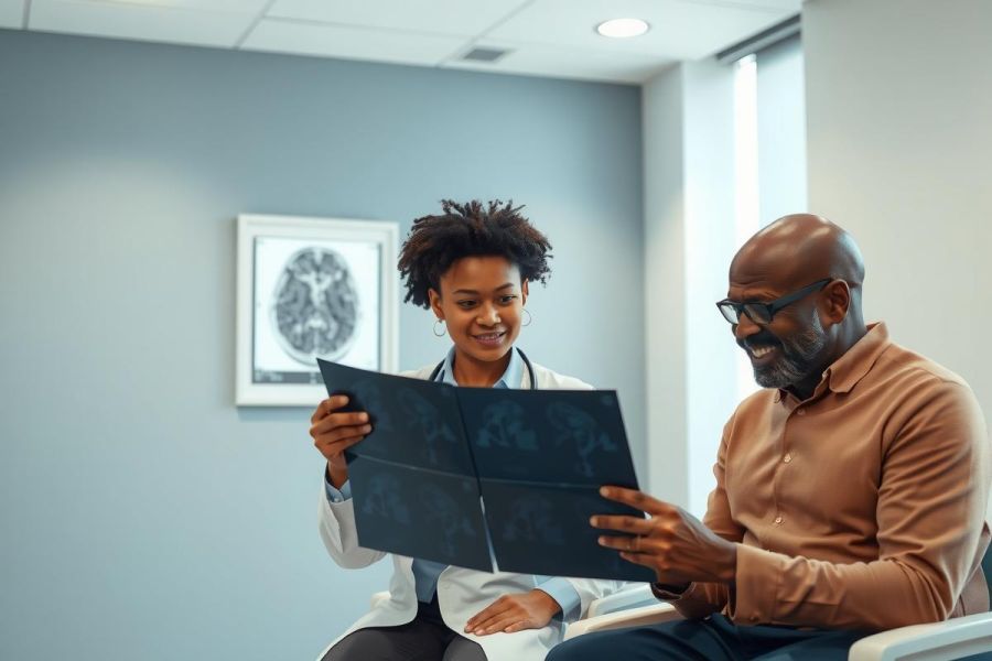 Doctor examines an X-ray with a patient in a medical setting. Healthcare professional reviewing diagnostic images, promoting health and wellness. Focus on patient care and medical diagnosis.