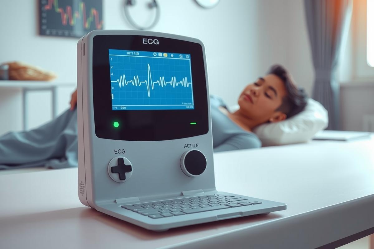 The image depicts a modern, compact medical device resembling an ECG machine placed next to a person lying in bed. The device is likely being used for monitoring heart activity. It has a digital interface and control buttons, and the screen displays heartbeat patterns, suggesting that it's functioning properly. The environment appears to be a clinical or home health setting. The color palette is minimal with a focus on the medical device, which features shades of white and gray, contrasting with the warm tones of the bedding and skin. The context suggests a scenario where healthcare technology is being utilized for patient monitoring in a comfortable and accessible environment.