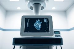 Medical imaging display showing a detailed heart scan in a modern hospital setting. The screen presents a blue-toned, three-dimensional view of the heart, suggesting cardiology or diagnostic procedures. Clean white walls and overhead lighting create a sterile, clinical environment.