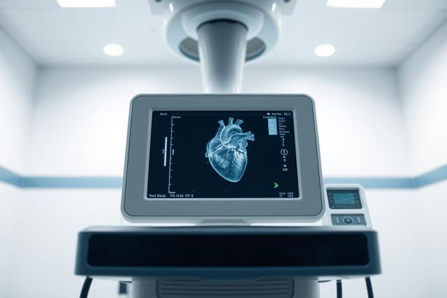 Medical imaging display showing a detailed heart scan in a modern hospital setting. The screen presents a blue-toned, three-dimensional view of the heart, suggesting cardiology or diagnostic procedures. Clean white walls and overhead lighting create a sterile, clinical environment.