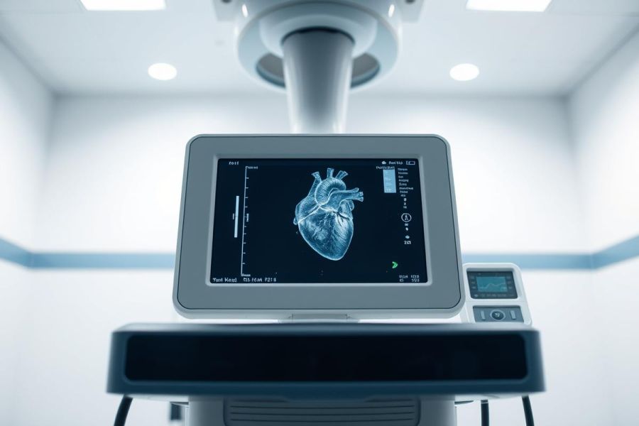 Medical imaging display showing a detailed heart scan in a modern hospital setting. The screen presents a blue-toned, three-dimensional view of the heart, suggesting cardiology or diagnostic procedures. Clean white walls and overhead lighting create a sterile, clinical environment.