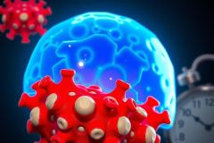 The image presents a 3D rendering of a viral particle, characterized by a distinct spherical shape with red and blue components. This model illustrates the complex structure of virus particles, often composed of multiple parts such as a capsid, envelope, or spikes for infection and transmission. The background is dark to emphasize the vivid colors and details of the viral particle. A clock on the right side of the image suggests a theme related to time or urgency.