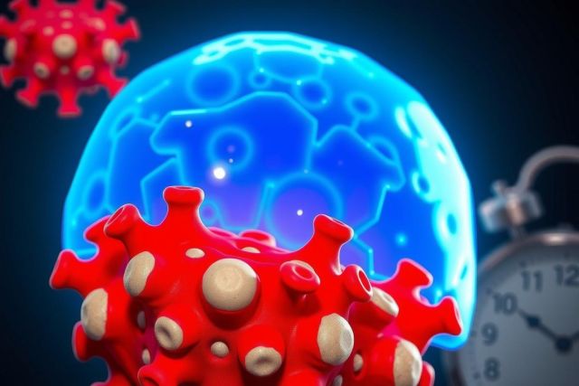 The image presents a 3D rendering of a viral particle, characterized by a distinct spherical shape with red and blue components. This model illustrates the complex structure of virus particles, often composed of multiple parts such as a capsid, envelope, or spikes for infection and transmission. The background is dark to emphasize the vivid colors and details of the viral particle. A clock on the right side of the image suggests a theme related to time or urgency.