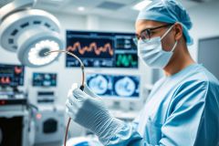 Surgeon in a modern operating room examining surgical equipment. Blue scrubs, surgical mask, and bright overhead lights create a sterile environment. Medical technology and healthcare focus.