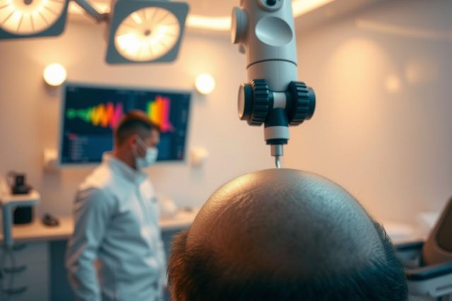 Medical procedure in progress. Close-up view of a surgical tool examining a patient's head, likely during a hair transplant or similar dermatology treatment. Sterile environment with bright lighting and medical equipment visible.