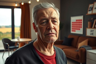 This image features a man sitting in what appears to be an interior space, possibly a living room or office. He is wearing casual attire and has a contemplative expression on his face as he looks directly at the camera.