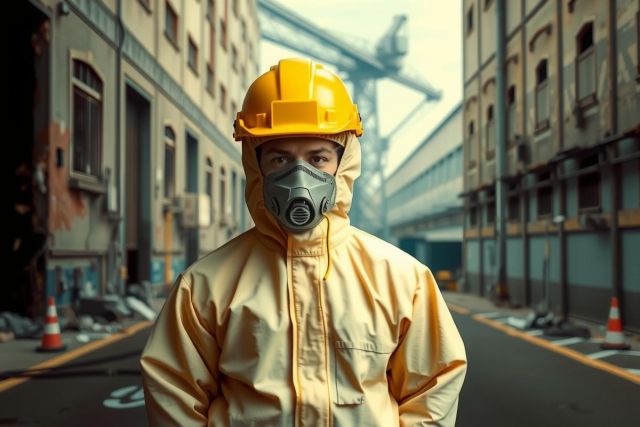 Man in yellow hazmat suit with full face protection mask standing amidst industrial warehouse, with large factory buildings and machinery. The scene suggests a setting where safety is crucial.