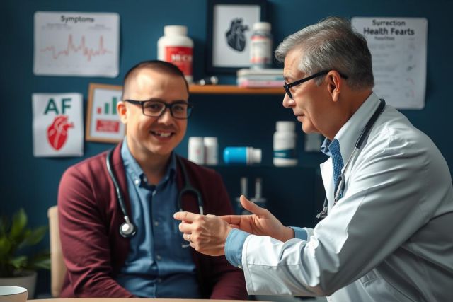 In a healthcare office, an older male doctor sits at a desk with a younger man who appears to be ill or worried. The room has medical posters and is equipped with medication bottles.