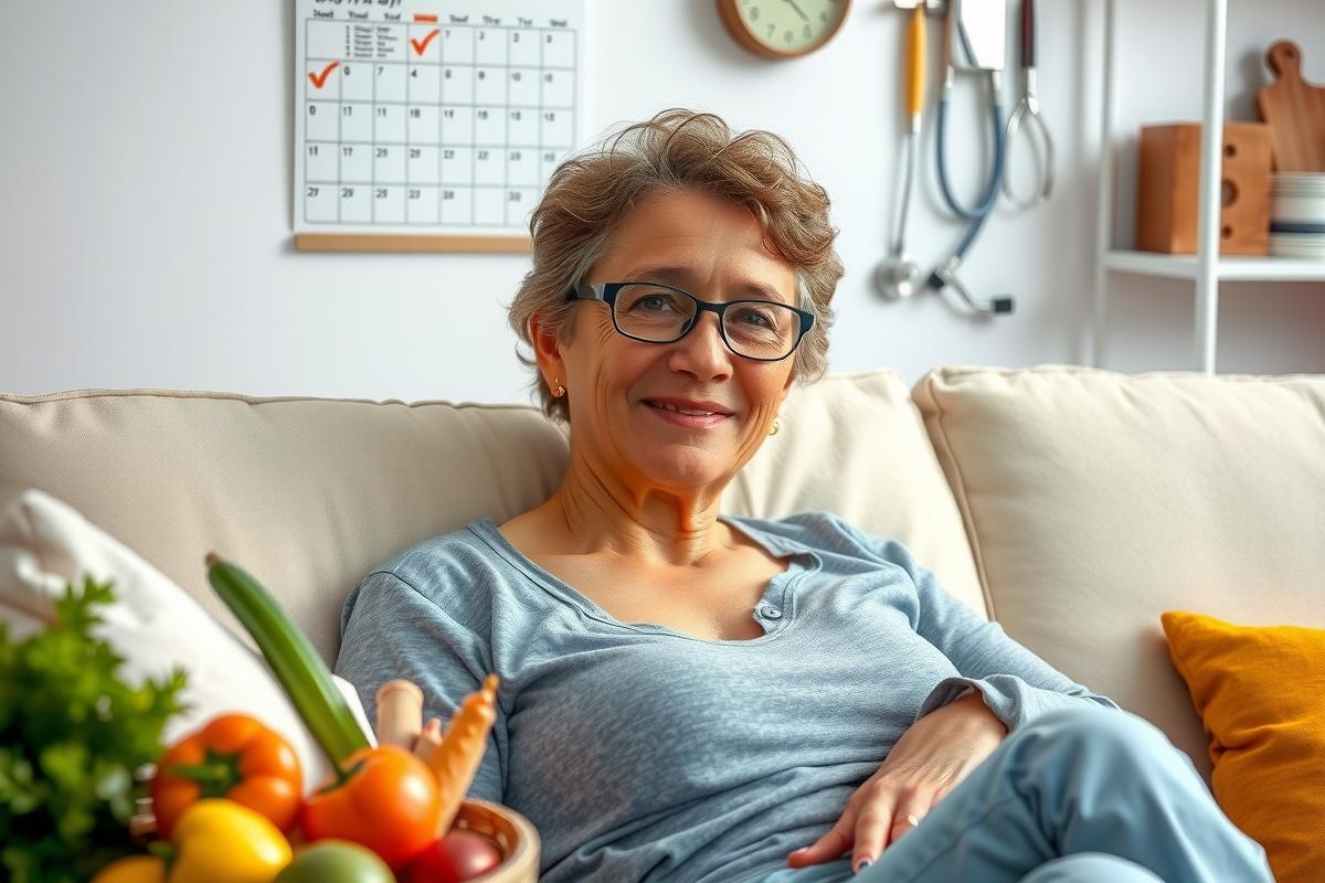 This image features an elderly woman sitting on a couch in a comfortable living room. There is a bowl of vegetables in front of her, suggesting a healthy lifestyle or a pleasant moment. The surroundings include a calendar and medical objects such as a stethoscope, suggesting a possible interest in health or the medical profession. The overall atmosphere is warm and inviting with soft lighting.