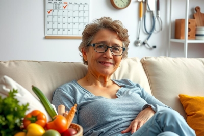 This image features an elderly woman sitting on a couch in a comfortable living room. There is a bowl of vegetables in front of her, suggesting a healthy lifestyle or a pleasant moment. The surroundings include a calendar and medical objects such as a stethoscope, suggesting a possible interest in health or the medical profession. The overall atmosphere is warm and inviting with soft lighting.