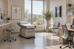 Bright orthopedic exam room with exam table, musculoskeletal poster, knee X-ray, and desk.