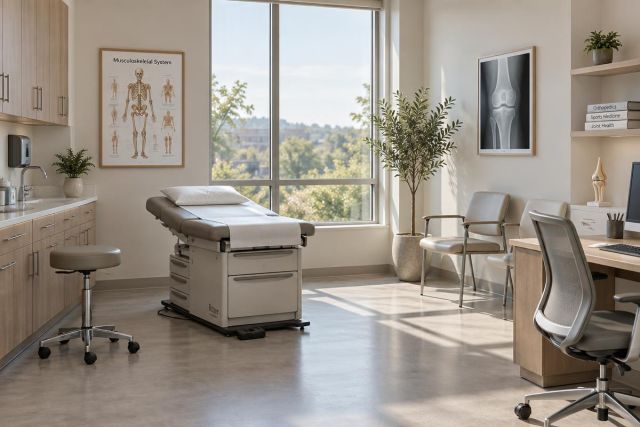 Bright orthopedic exam room with exam table, musculoskeletal poster, knee X-ray, and desk.